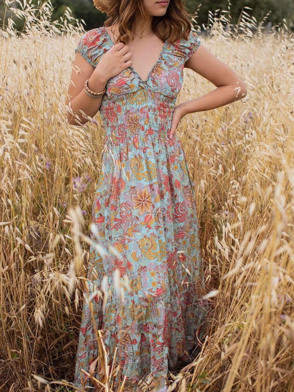 MIDUO Summer Casual Floral Puff Sleeve Y2K Style Boho Smocked Maxi Dress Size M - Picture 3 of 11